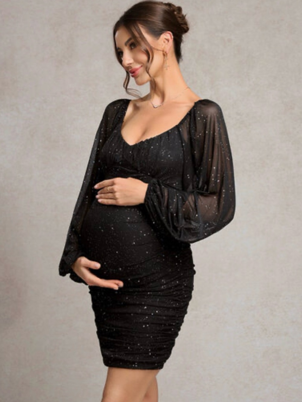 Elegant Black Maternity Ruched Dress with Sheer Bishop Sleeves
